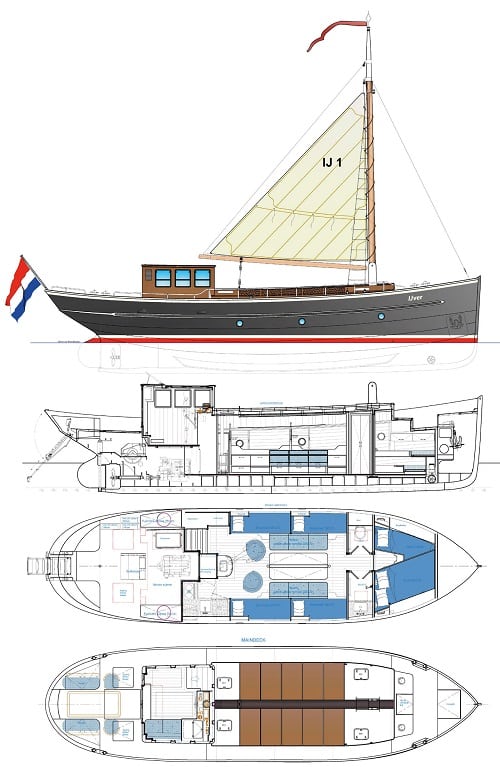 Het ontwerp in zijaanzicht en plattegronden, met de indeling van de verschillende dekken.