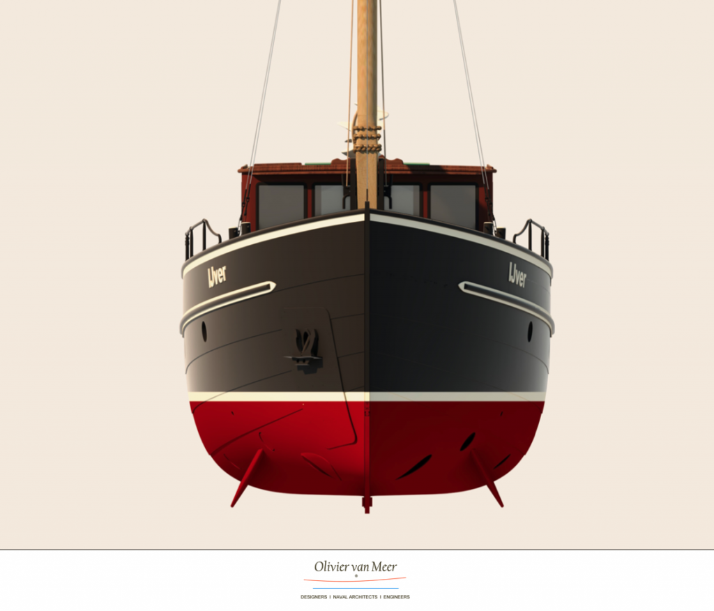 Een ontwerpvisualisatie van Olivier van Meer laat de boeg en de rompvorm zien.