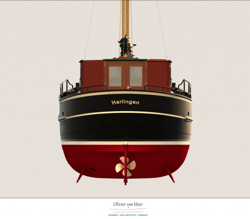 Het vooraanzicht van het ontwerp, met de stuurhut en mast boven de romp.