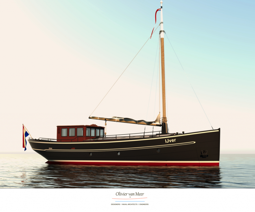 De ontwerpimpressie toont het klassieke silhouet van de Waddenboot op het water.